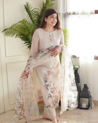 Linen Cotton Digital Floral Print work White Summer Wear Kurti Pant Dupatta Set (Stitched)-M(38)