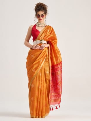 Orange Patola Handloom Saree With Fancy Blouse
