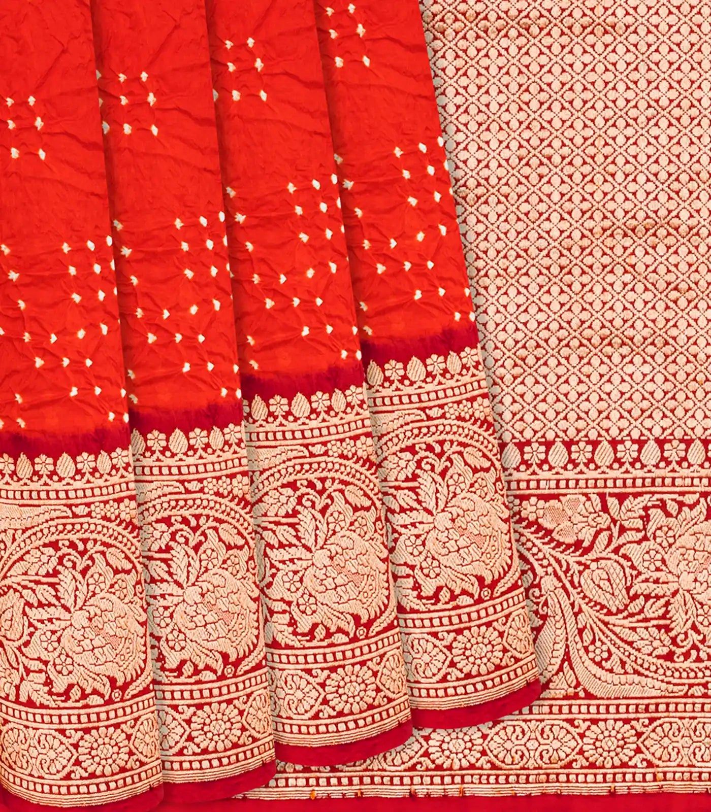 Crimson Handwoven Bandhani Silk Saree With Diamond Motifs-Crimson-Crimson