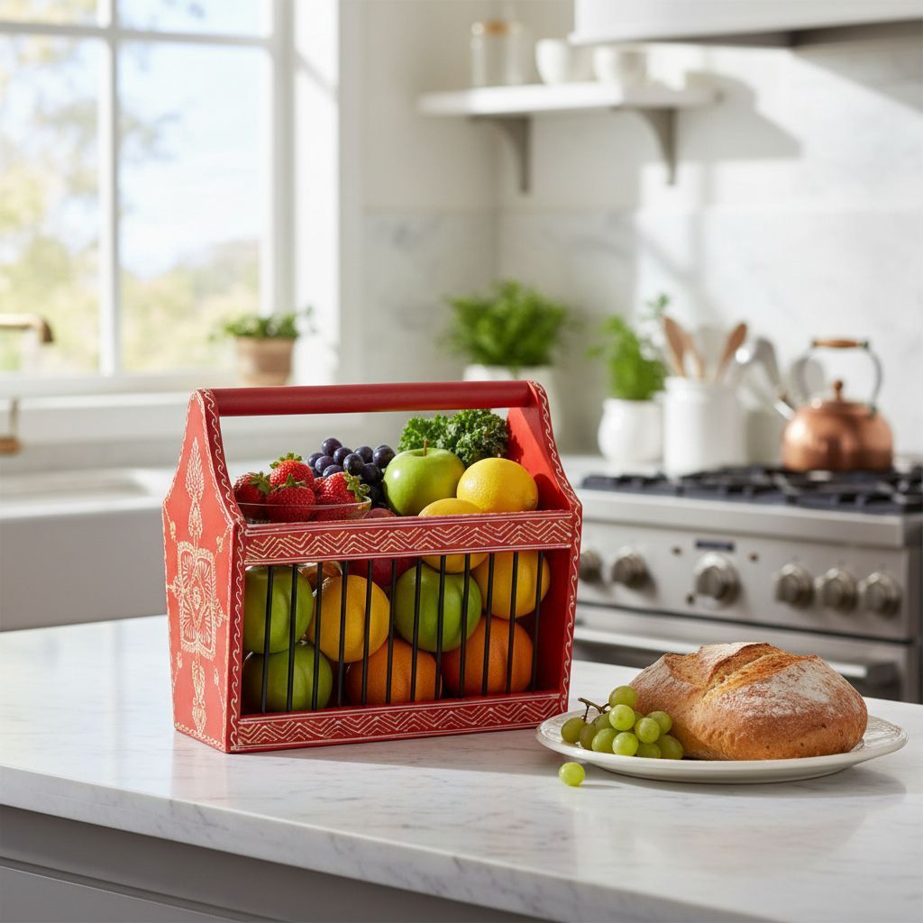 Wooden Hand painted Indian Basket Plate Dish Fruits Vegetable Rack Kitchen Décor
