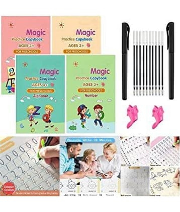 Sank Magic Practice Copybook - (1 Pen + 1 Grip + 4 BOOKS + 10 REFILL) Number Tracing Book - Writing Book - Magic Calligraphy - Copybook
