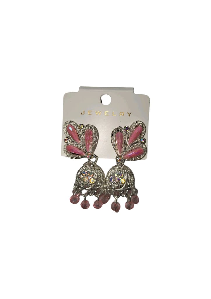 oxidized silver jhumka earrings with pink stones and beads