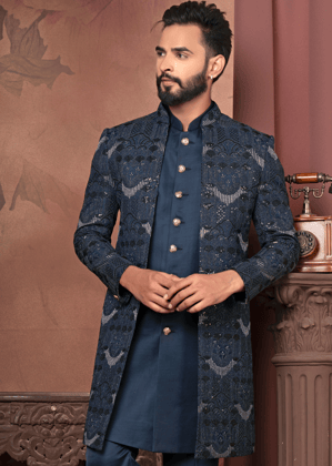 Navy Blue Self Embroidered Open Indo Western Set