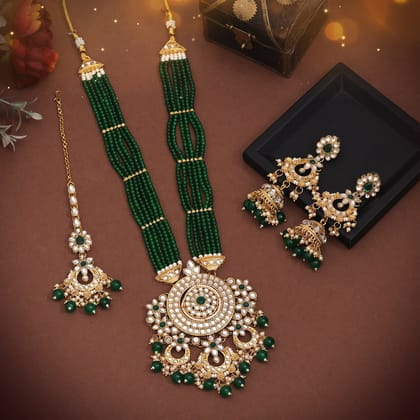 Green Color Long Kundan Necklace Set (KN1425GRN)-Adjustable Rope / Green / Alloy With Good Quality Gold Plated