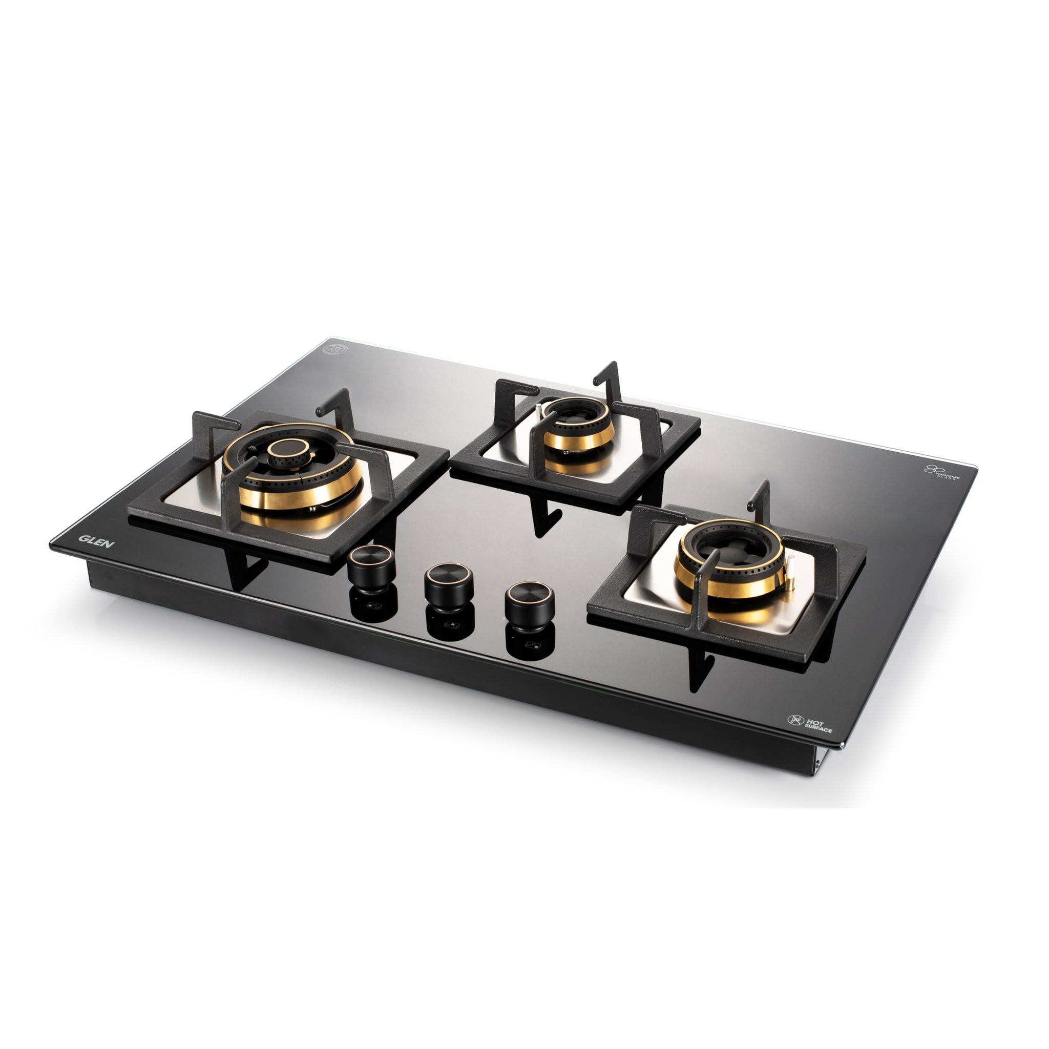 3 Burner Extra Large Glass Gas Hob Top with Triple Ring, Total Double Ring Brass Burner (1073XLCIHTTDBBL)