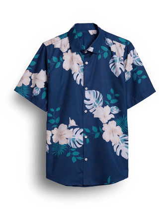 "Classy and Chic: Dark Blue Floral Printed Linen Shirt for Men by Glamastitch"-S