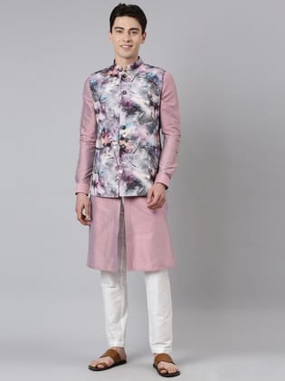 Pink Print Jacket With  Open Kurta-2XL/46 / Pajama set