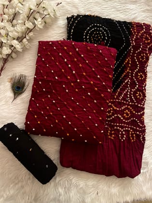Cotton Satin Ethenika Kutch Original Hand Crafted Bandhani Dress Material (Unstitched)-Maroon-Black