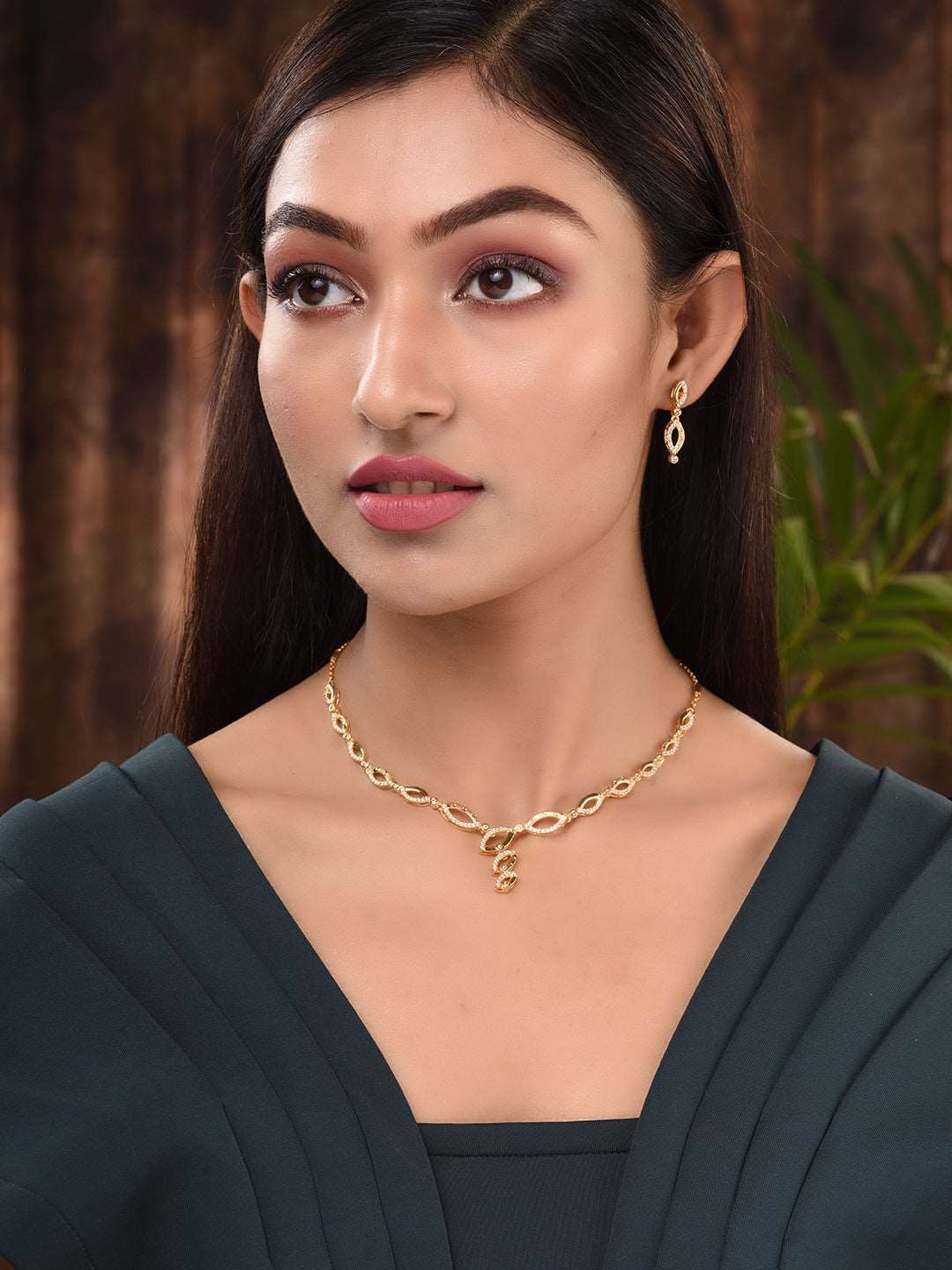 Gold Plated AD Studded Minimal Delicate Necklace Jewellery Set