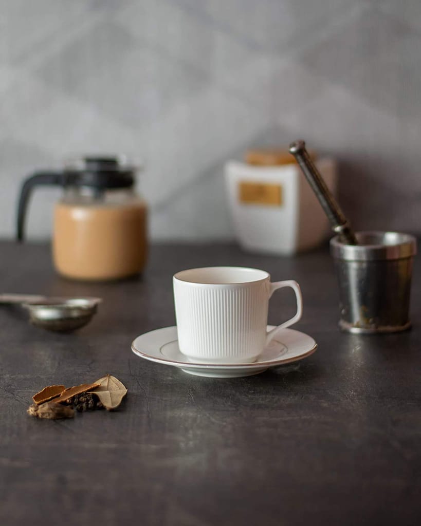 Femora Indian Ceramic Gold Line with Vertical Bar White Tea Cups, Mugs and Saucer-200 ml - Set of 6 (6 Cups, 6 Saucer)