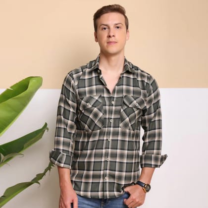 Check Regular Fit Cotton Shirt - Green-Beige-M