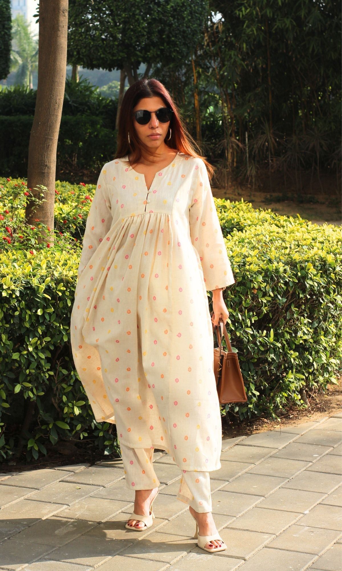 Cotton Linen Blend Off-White Pleated Kurta & Pants-XXS