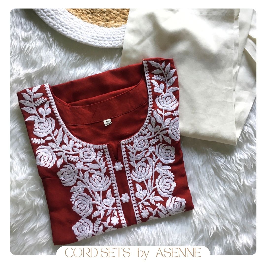 Maroon - Rose Embroidery Design Kurti with Pant  - Cord Set-40 - L