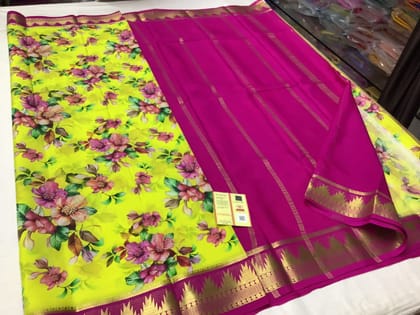 Purple & green printed pure mysore crepe silk Saree