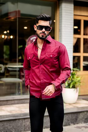 Wine Double Pocket Full Sleeve RFD Cotton Shirt