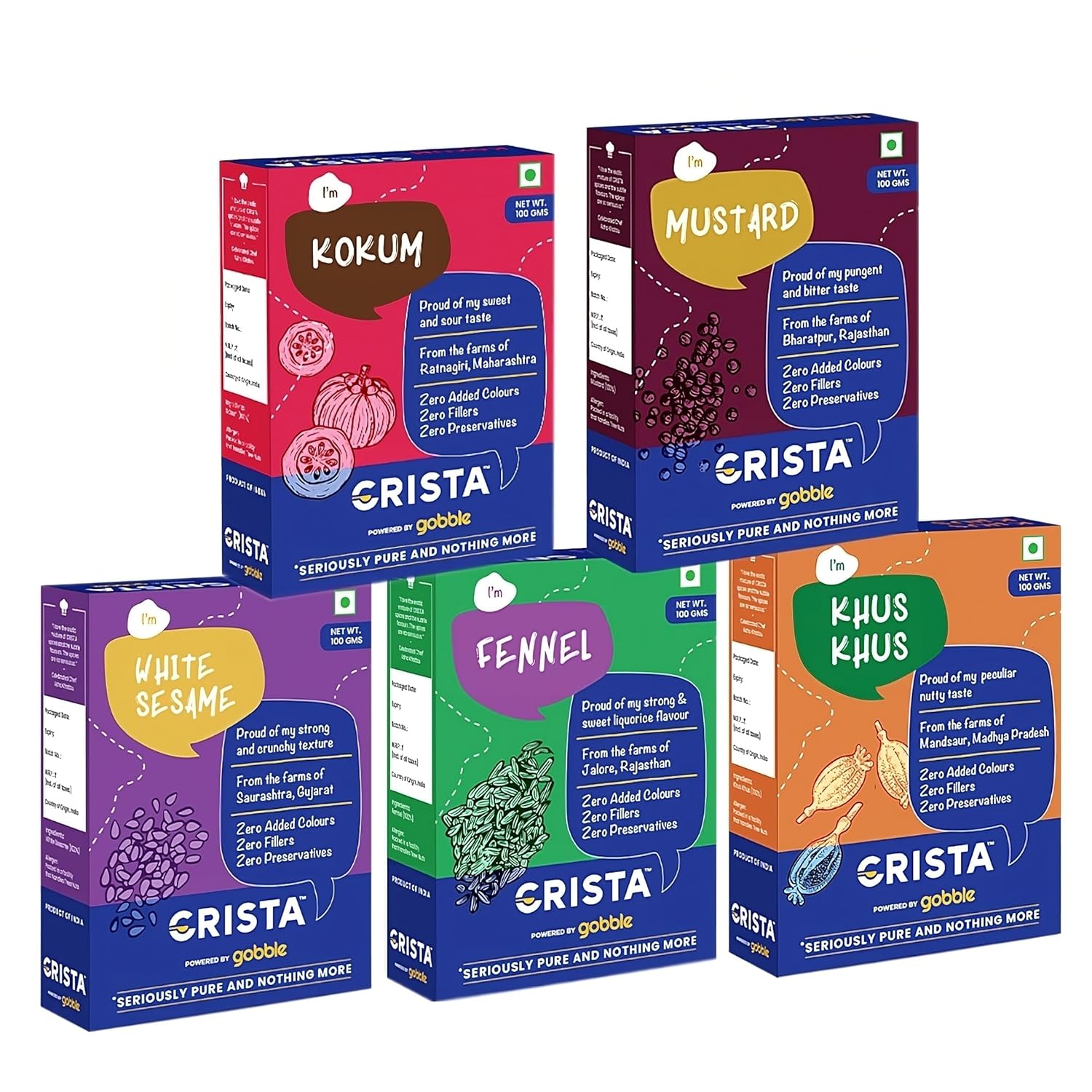 CRISTA Daily Whole Spices (Masala) Combo Pack (Khus Khus 100 gm, Kokum 100 gm, Mustard 100 gm, Fennel 100 gm & White Sesame 100 gm) - Pack of 5