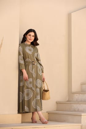 Freyaa Printed Front Button Dress with Belt for a Stylish Look-GREEN / M
