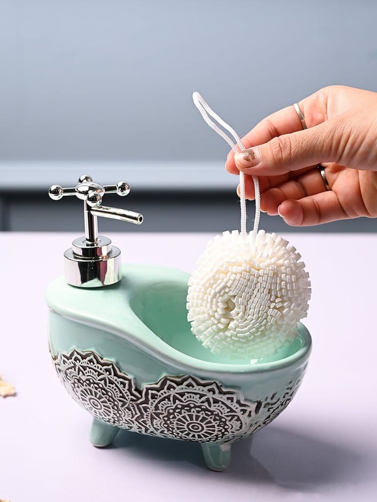 Ceramic Teal Green Bath Tub Shaped Soap Dispenser - Embossed Glossy Finish