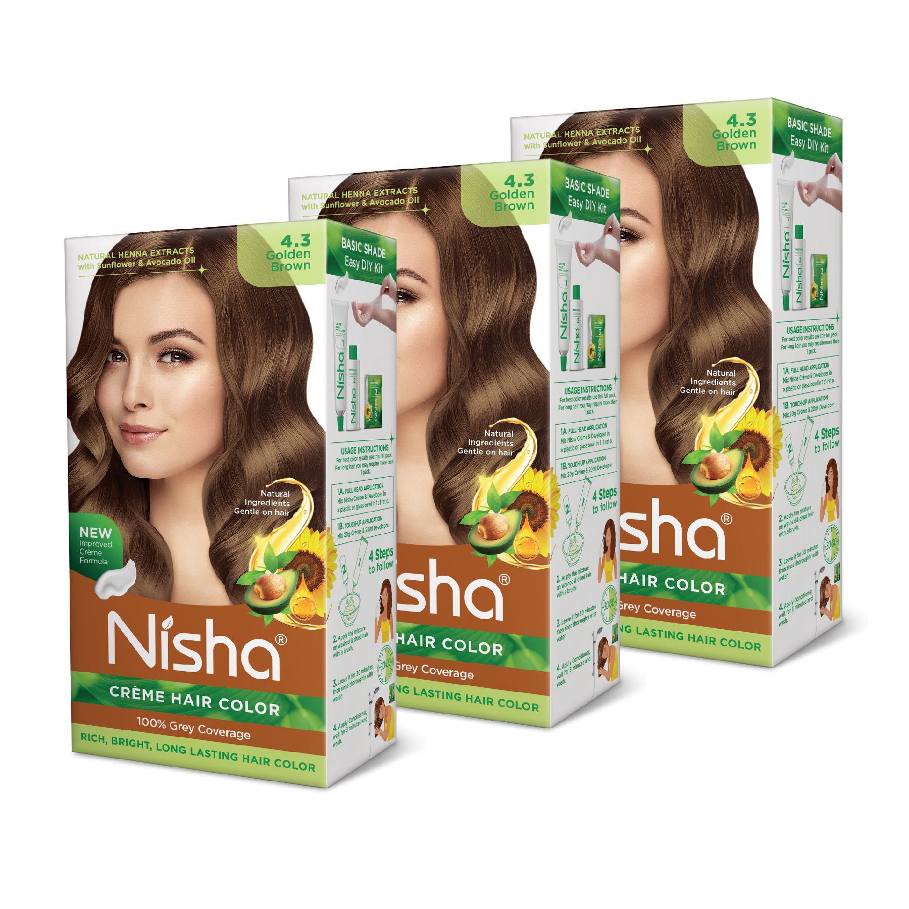 Nisha Creme Hair Color 4.3 Golden Brown 120g Pack of 3, Permanent Hair Colour, No Ammonia, 100% Grey Coverage