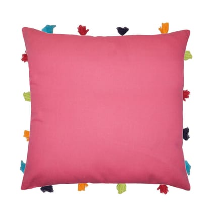 Lushomes cushion cover 14x14, boho cushion covers, sofa pillow cover, cushion covers with tassels, cushion cover with pom pom (14x14 Inches, Set of 1, Pink)