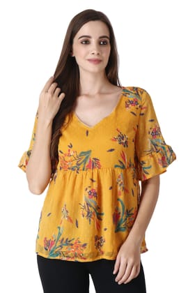 Floral Printed Woven Top-L / Mustard