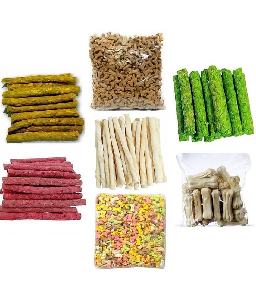 The Treat Home 7 Dog Food Items Pack (Chicken, Mutton, Egg) Munchy Stick, Delicious Veg (Cocoa & Mix) Biscuits, White Stick, 3 Inch Bone (Each 100Gm)