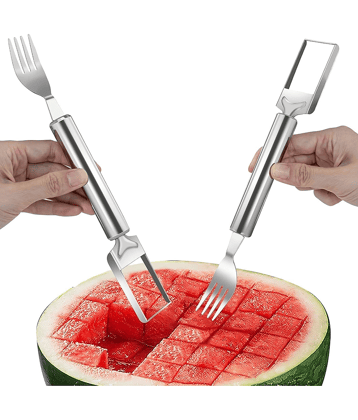 Watermelon Fork Cutter Slicer Tool, 2-in-1 Stainless Steel Fruit Cutter Melon Slicer Cutter Tool, Watermelon Cutting Tool for Home Party Camping Kitchen Gadget