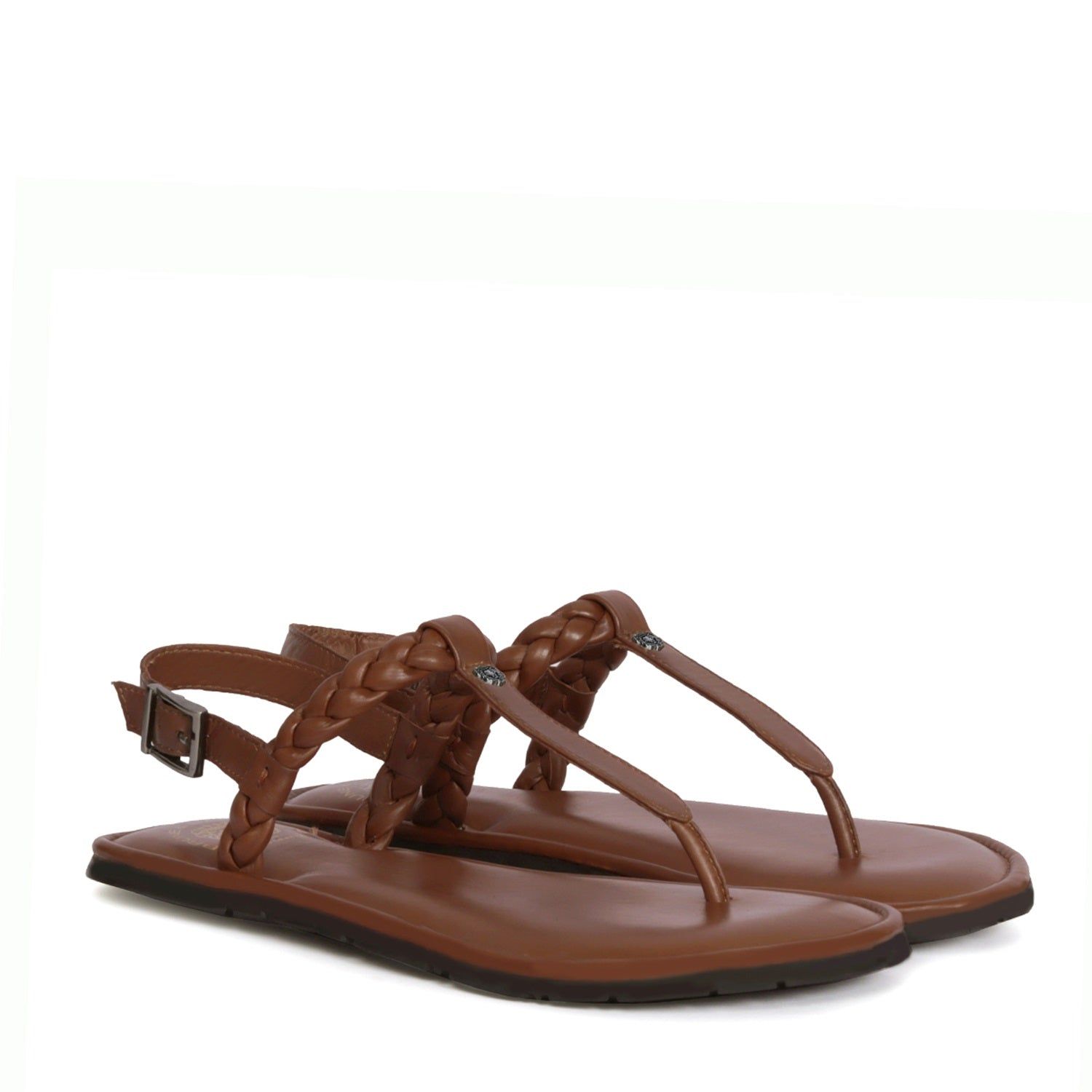 Weaved Loop T-Strap Gunmetal Buckled Dark Brown Genuine Leather Ladies Sandal by Brune & Bareskin-36/3