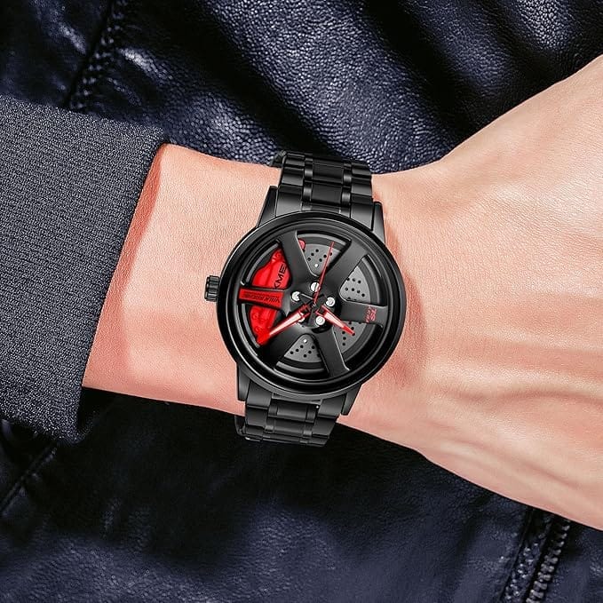 Men's Spinning Car Wheels Rolling Creative Fashion Watches for Men, Analog Watch Black Dail Zink Alloy Case Men's Watch, Black Color Stainless Steel Band, Rolling Wheel Gift Wristwatch - 1787