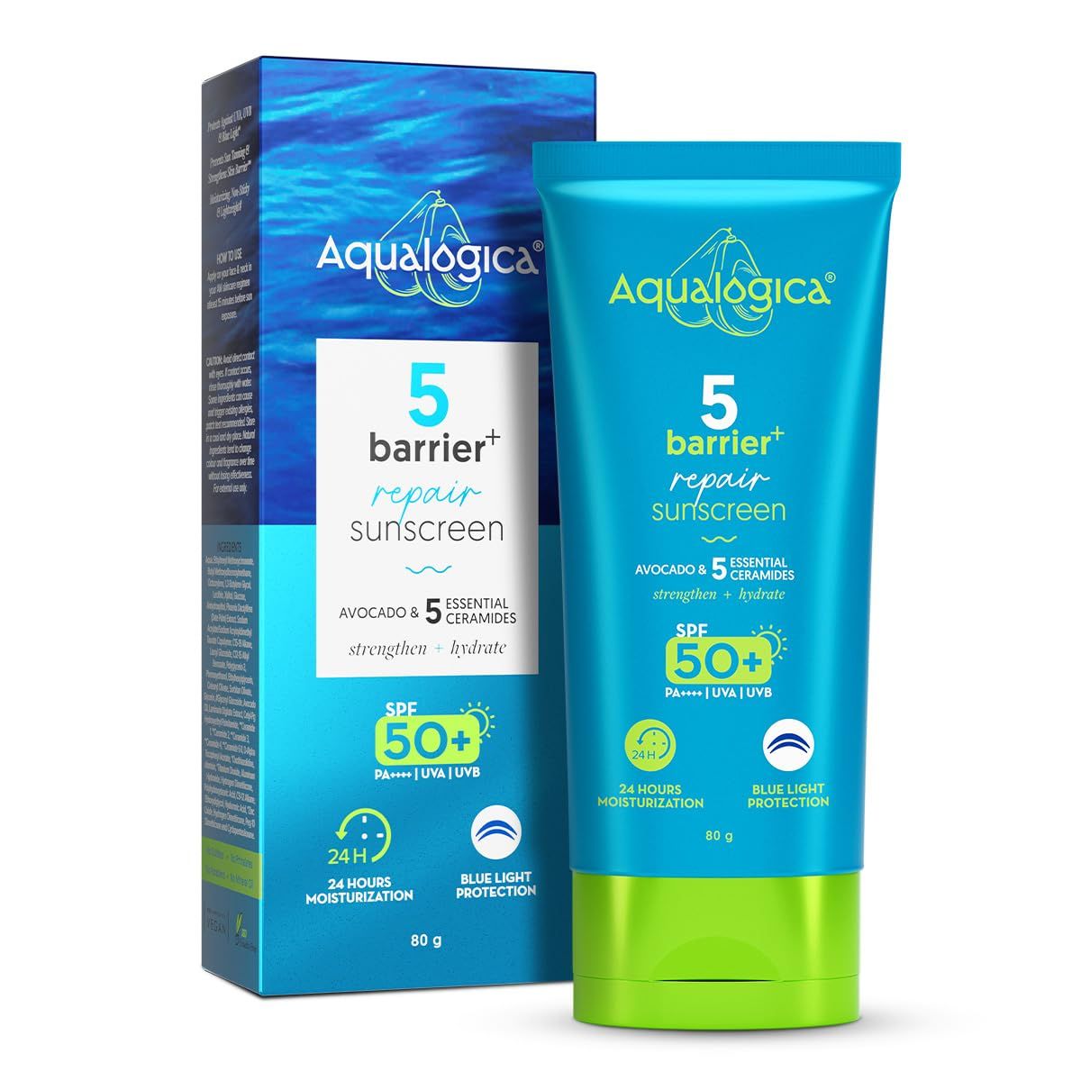Aqualogica 5 Barrier+ Repair Sunscreen with Avocado & 5 Essential Ceramides | SPF 50 PA++++ | UVA/B & Blue Light Broad Spectrum Protection | Strengthens Skin Barrier | 24 Hr Moisturization | Fragrance Free | 80 g Aqualogica 5 Barrier+ Repair Sunscreen wi