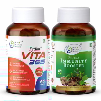 Fytika Vita 365 and Immunity Booster: Boosts Energy, Immunity, Manages Stress, For Men, Women - 60 Tablets Each