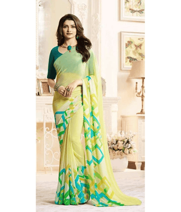 BLEESBURY Chiffon Printed Saree With Unstitched Blouse Piece ( Green,Yellow )
