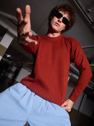 Mesh-Knit Pullover Sweater-M