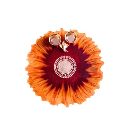 ART2ARTIST Handmade Pooja Thali with Kumkum Holder Decorative Rakhi Thali|Engagement Thali|Rakshabandhan Thali|Tilak Thali Aarti Thali |Wedding Return Favour Items 8 Inch (Orange&Red)