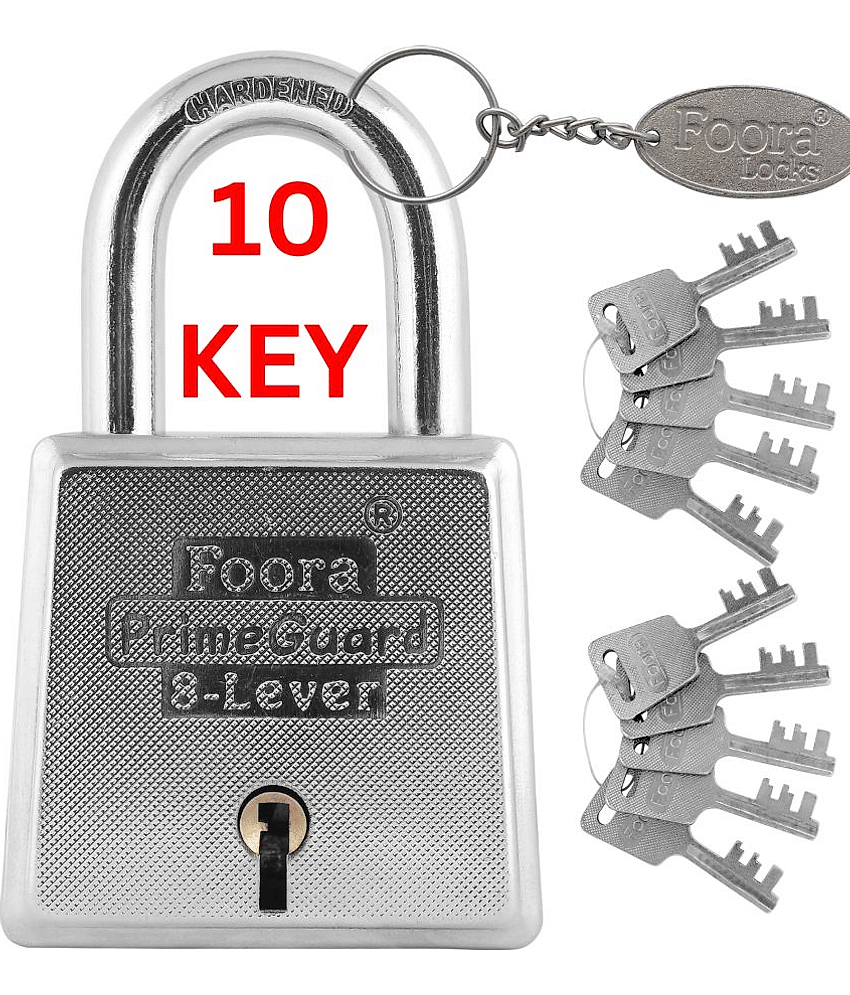 Foora PrimeGurad 60 Padlock - Double Locking 8 Lever Iron Zinc, 10 Keys for Door Gate Shutter Security, Heavy Duty 60mm Silver Glossy Finish
