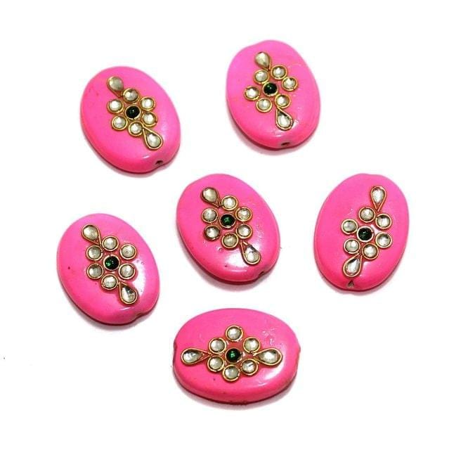10 Pcs 24x18mm Oval Kundan Beads Pink-Pink / Glass