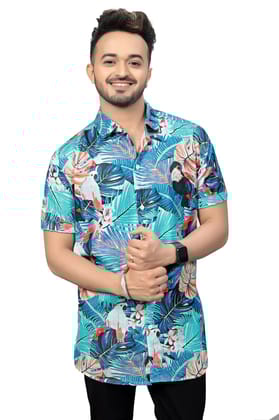 "Peacock Elegance: Blue Floral Design Shirt by GlamaStitch"-S
