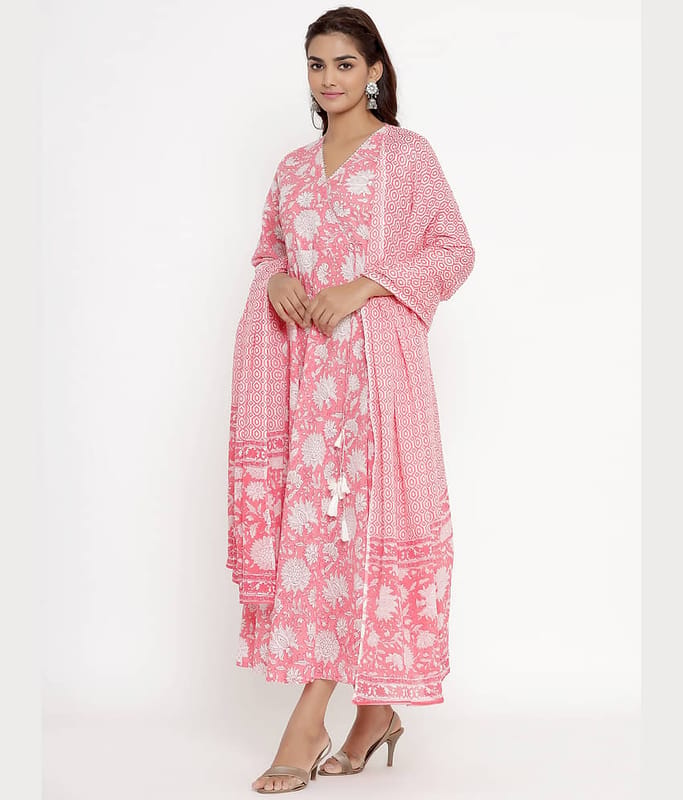Angiya Pink Cotton Anarkali Kurti