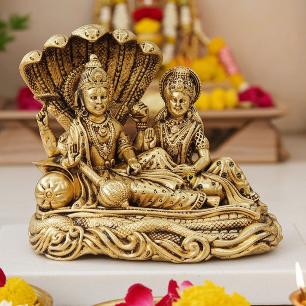 Machine-Made Brass Vishnu & Laxmi Ji God Idol - Fine Detail Statue, Height : 4.6 Inch (BSMAS1730 F)