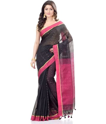 Desh Bidesh Cotton Self Design Saree With Unstitched Blouse Piece ( Black )
