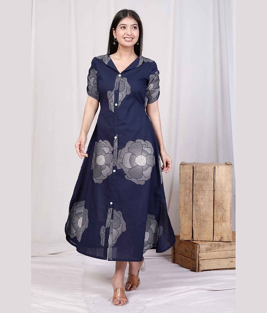 miravan Women Cotton Printed A-line Dress ( Blue )