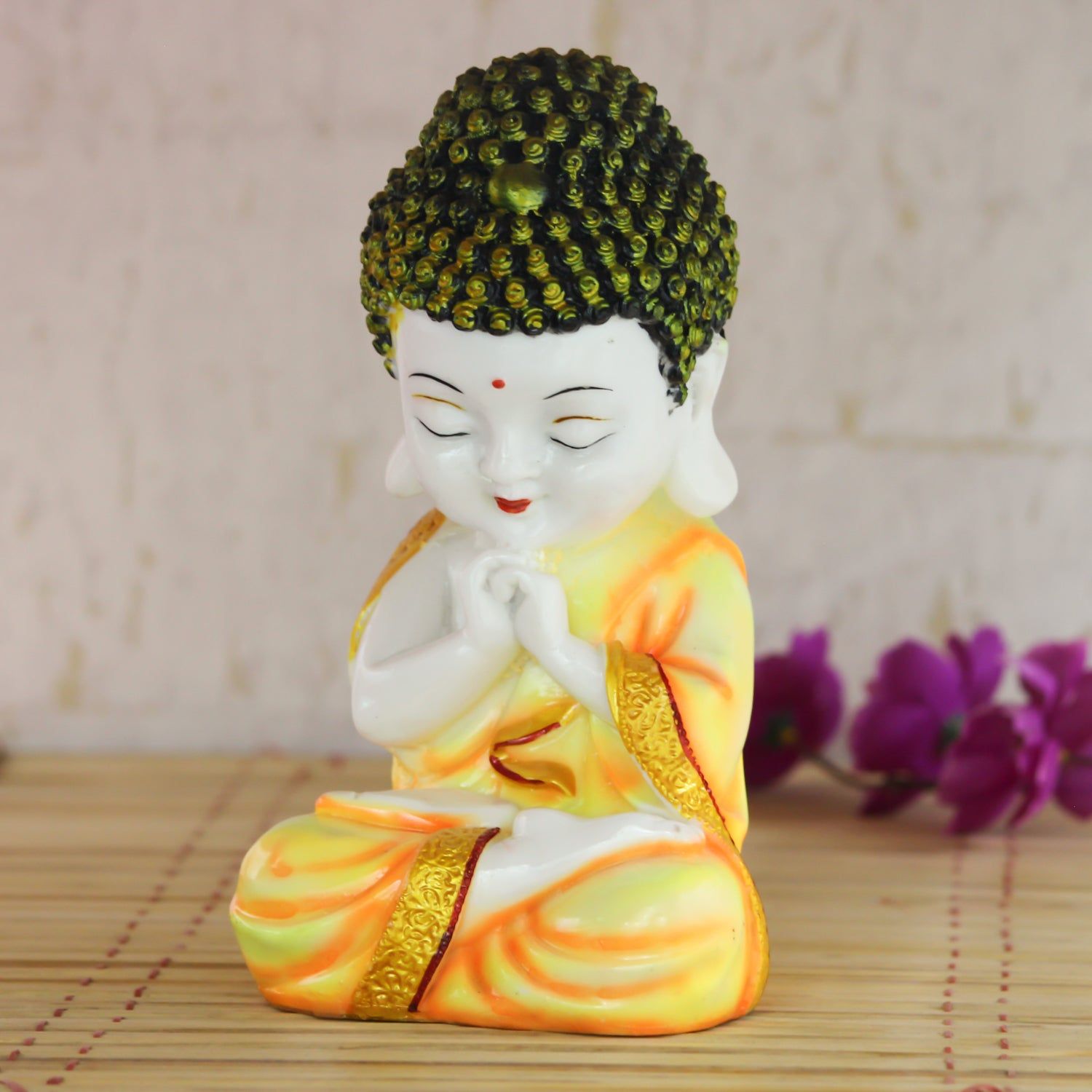 Polyresin Yellow and White Praying Monk Buddha Statue