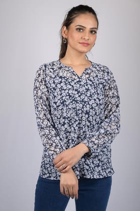 Flower printed top for women western top stylish top for women party with full sleeve Blue  White Floral Print Top (OTL-TPS10101)-Blue / S