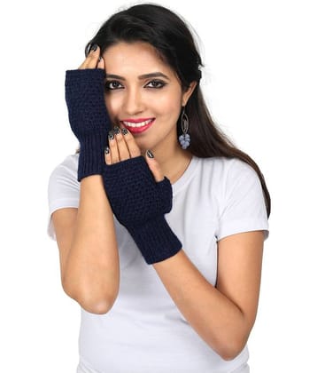 KC Store Women's Navy Woolen Hand Knitted Gloves For Winters