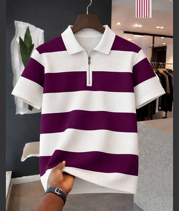 AOOSH Men Cotton Blend Regular Fit Striped Polo T Shirt ( Purple )