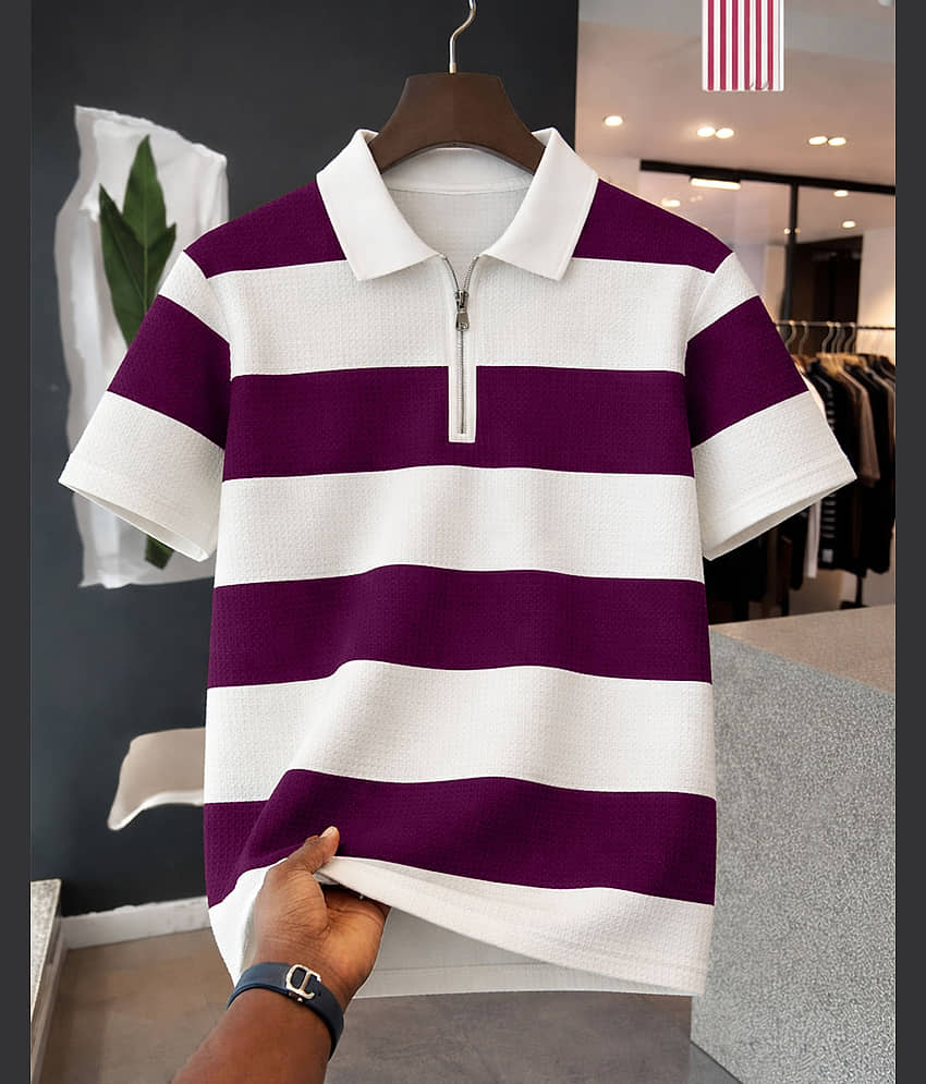 AOOSH Men Cotton Blend Regular Fit Striped Polo T Shirt ( Purple )