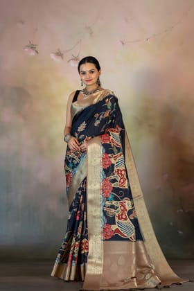 Deep Blue Bright Print Jacquard Saree