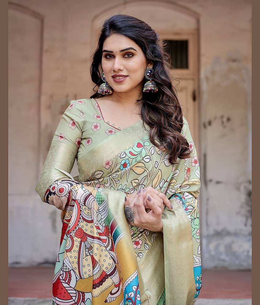 Almaari Fashion Cotton Silk Printed Saree With Unstitched Blouse Piece ( Green )