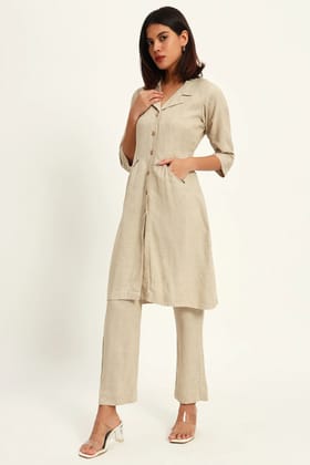 Signature Lapel Kurta Pant Set, Beige-XS