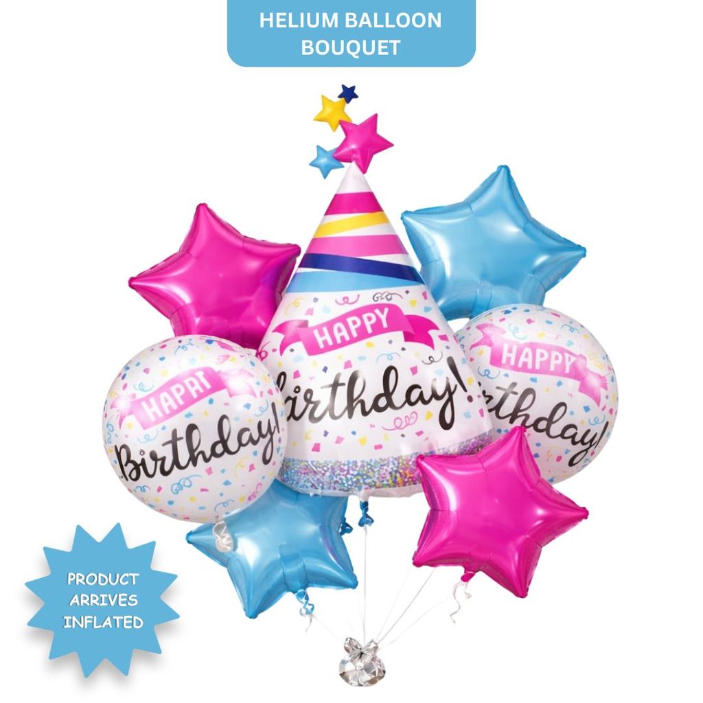 Happy Birthday Hat Shaped Helium Balloons Bouquet Set of 7 - Party and Festive Needs | Buy online on ZillyBuy